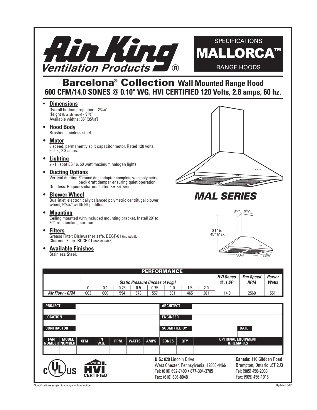 Air King MALLORCA specifications Mallorca, MAL Series, Barcelona Collection Wall Mounted Range Hood 