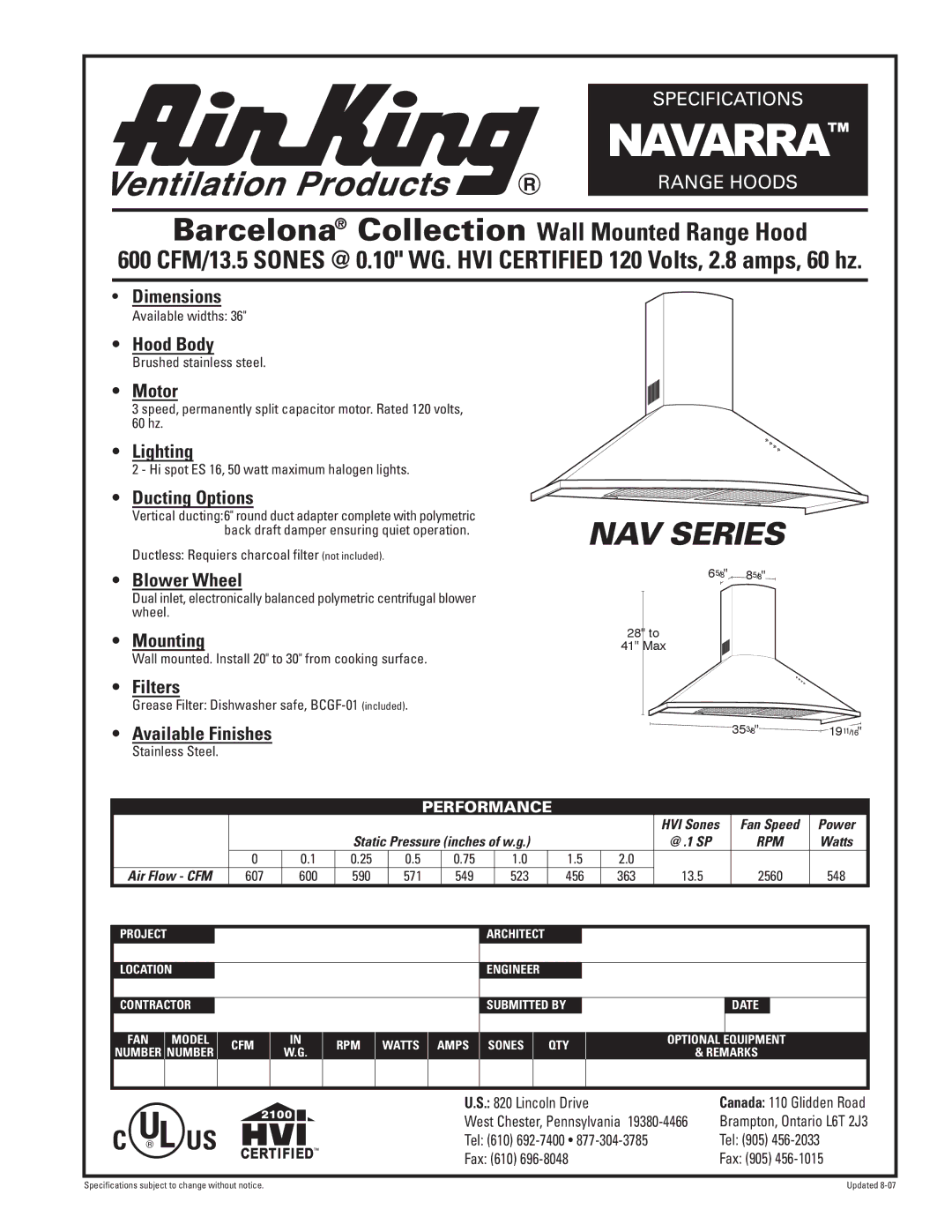 Air King NAVARRA specifications Navarra, NAV Series, Barcelona Collection Wall Mounted Range Hood 