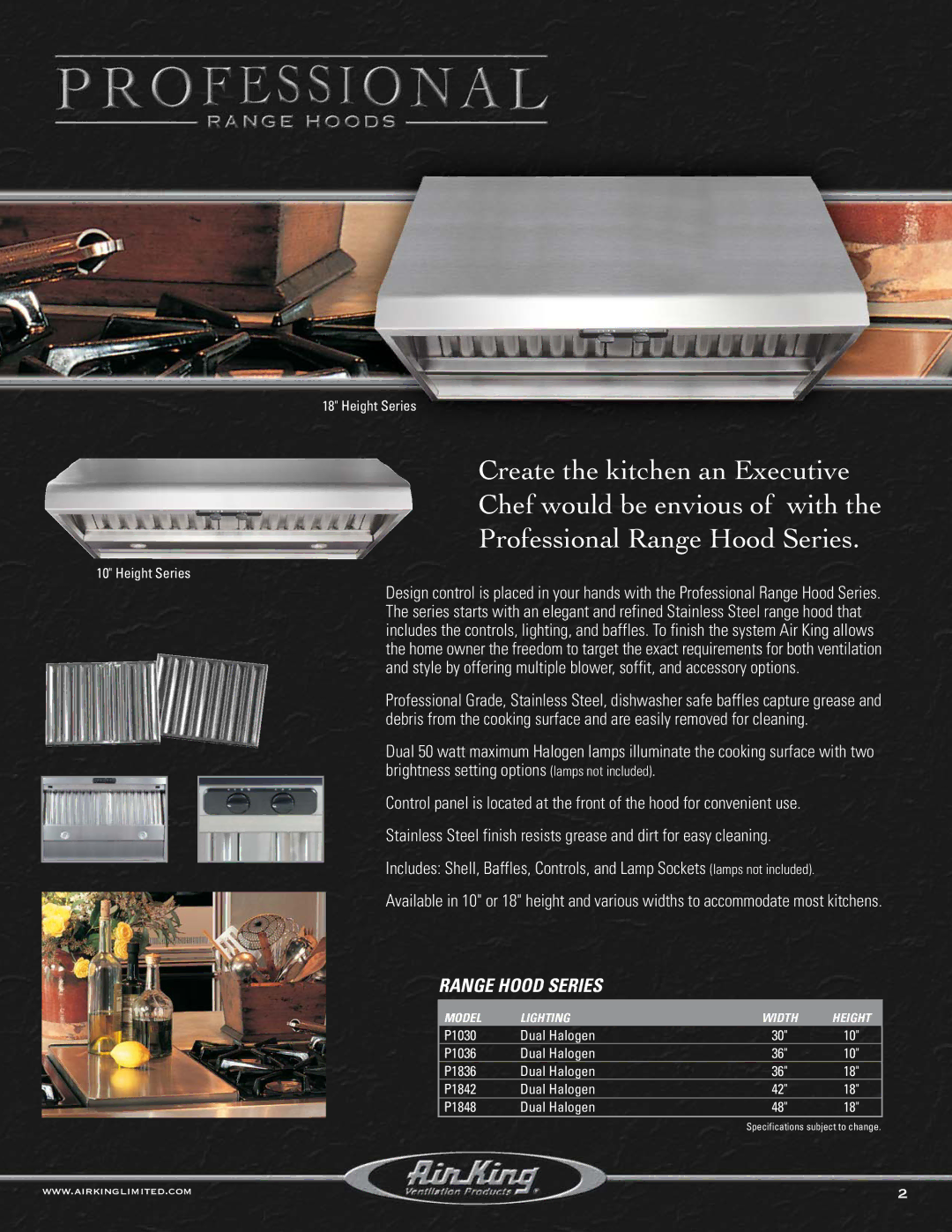 Air King P1842, P1836, P1848, P1036, P1030 manual Range Hood Series 