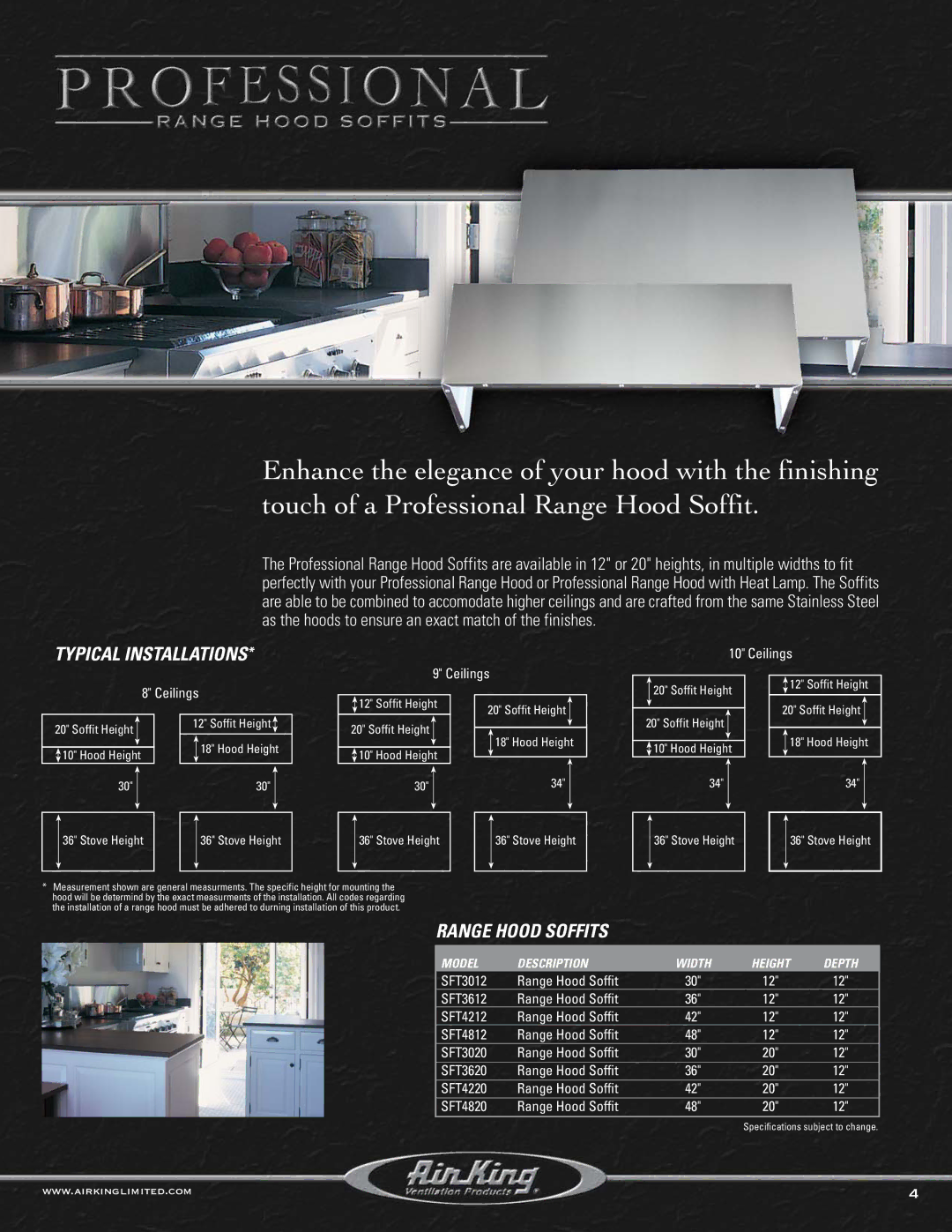 Air King P1030, P1836, P1848, P1842, P1036 manual Typical Installations, Range Hood Soffits 