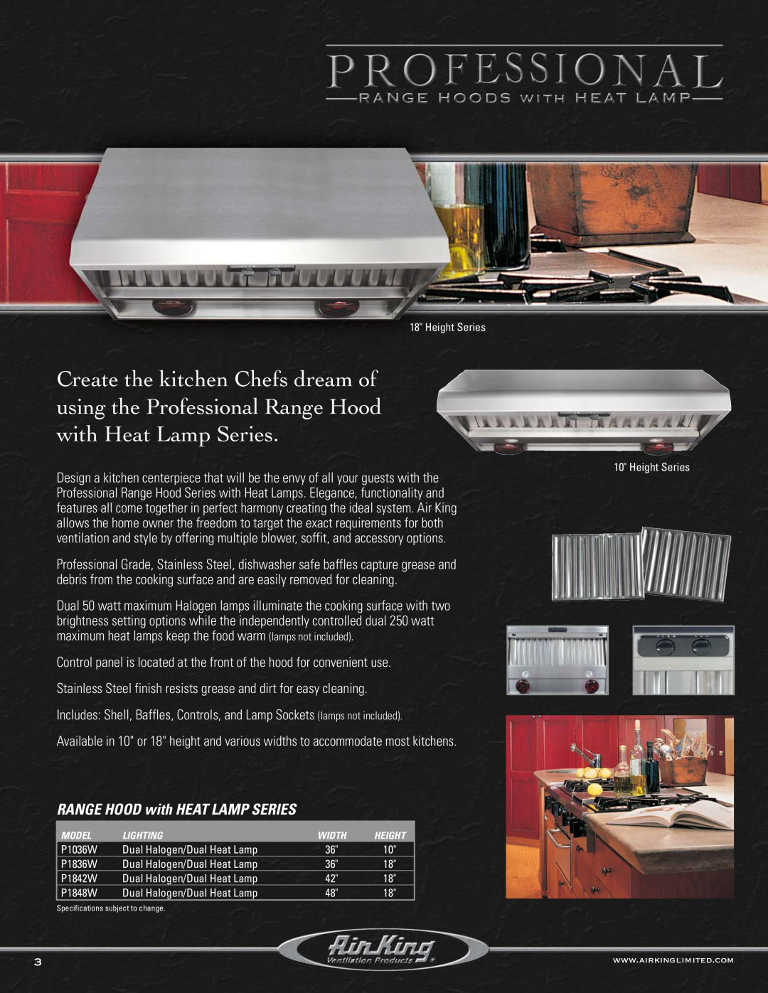 Air King P1036 RANGE HOOD with HEAT LAMP SERIES, Control panel is located at the front of the hood for convenient use 