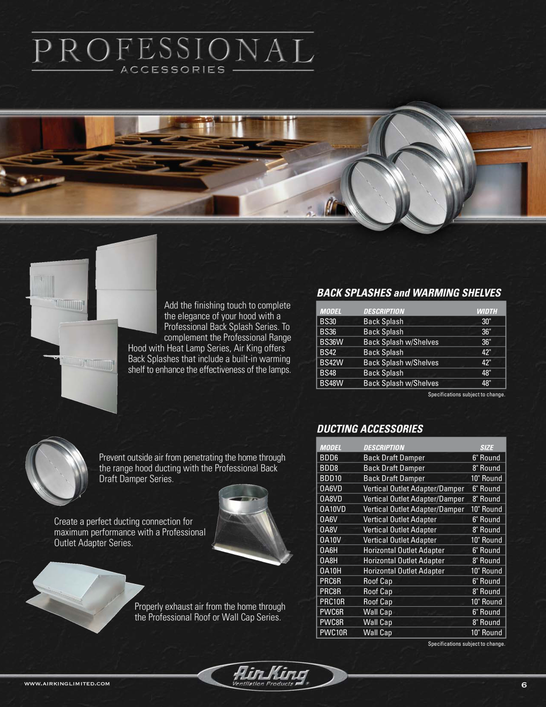 Air King P1848, P1836, P1842, P1036, P1030 manual BACK SPLASHES and WARMING SHELVES, Ducting Accessories 