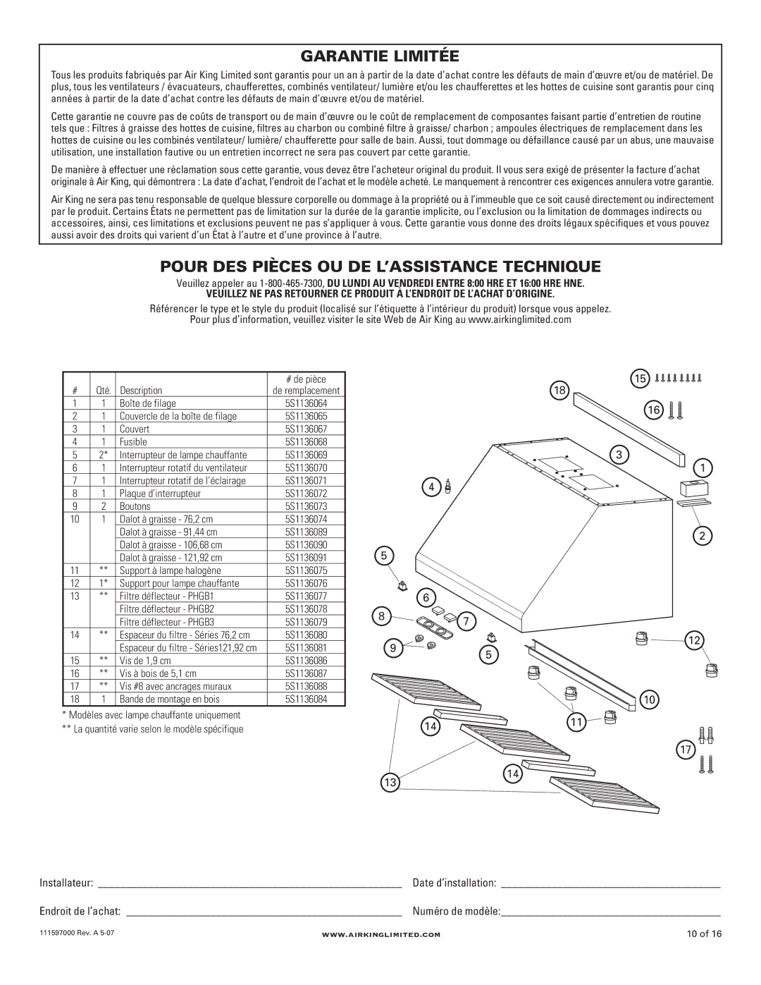 Air King PHGB3, 48 models, 30 models, 36 models, 42 models Garantie Limitée, Pour DES Pièces OU DE L’ASSISTANCE Technique 