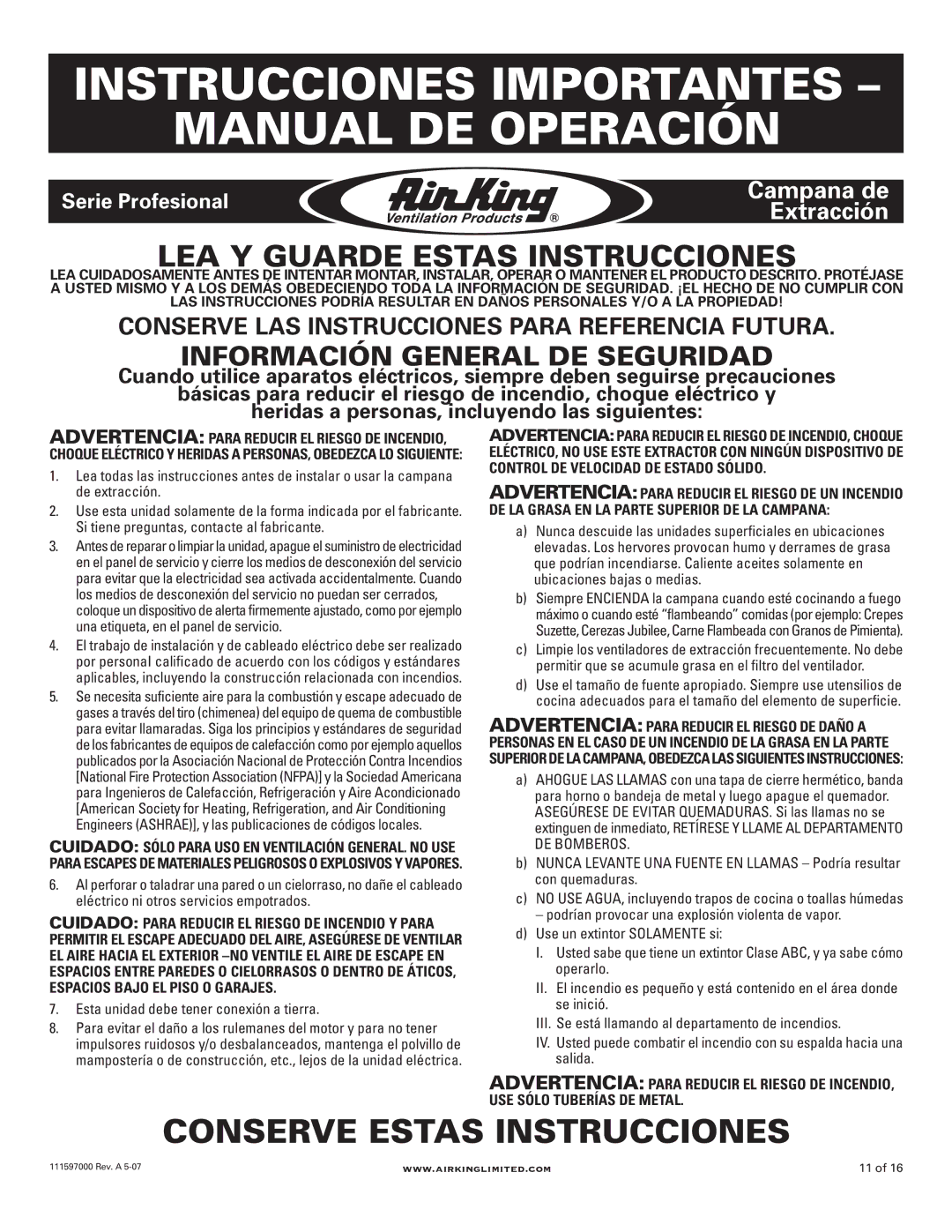 Air King 48 models, PHGB3 manual Instrucciones Importantes Manual DE Operación, Esta unidad debe tener conexión a tierra 