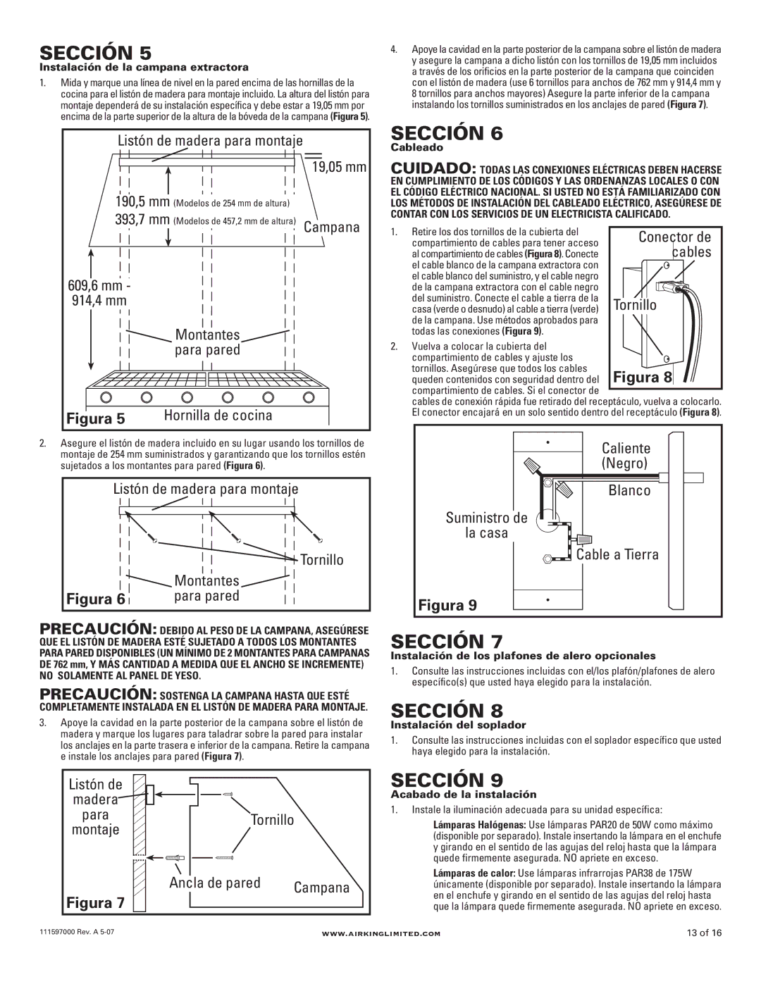 Air King 36 models 609,6 mm 914,4 mm, Hornilla de cocina, Listón de madera para montaje Tornillo, Conector de, Cables 