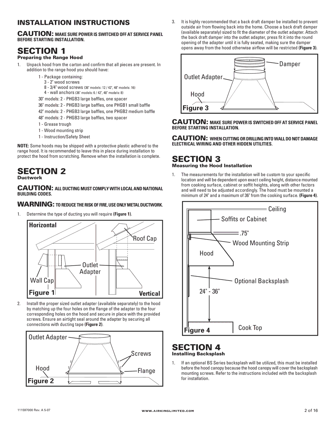 Air King 30 models, PHGB3, 48 models, 36 models manual Installation Instructions, Wall Cap, Outlet Adapter Screws Hood 