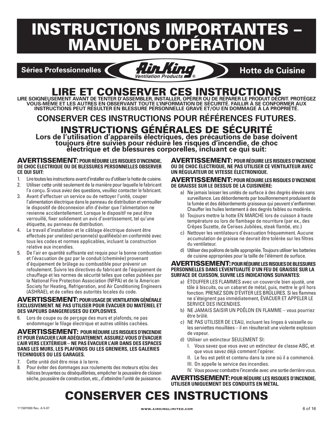 Air King 48 models, PHGB3, 30 models manual Cette unité doit être mise à la terre, III. On appelle le service des incendies 