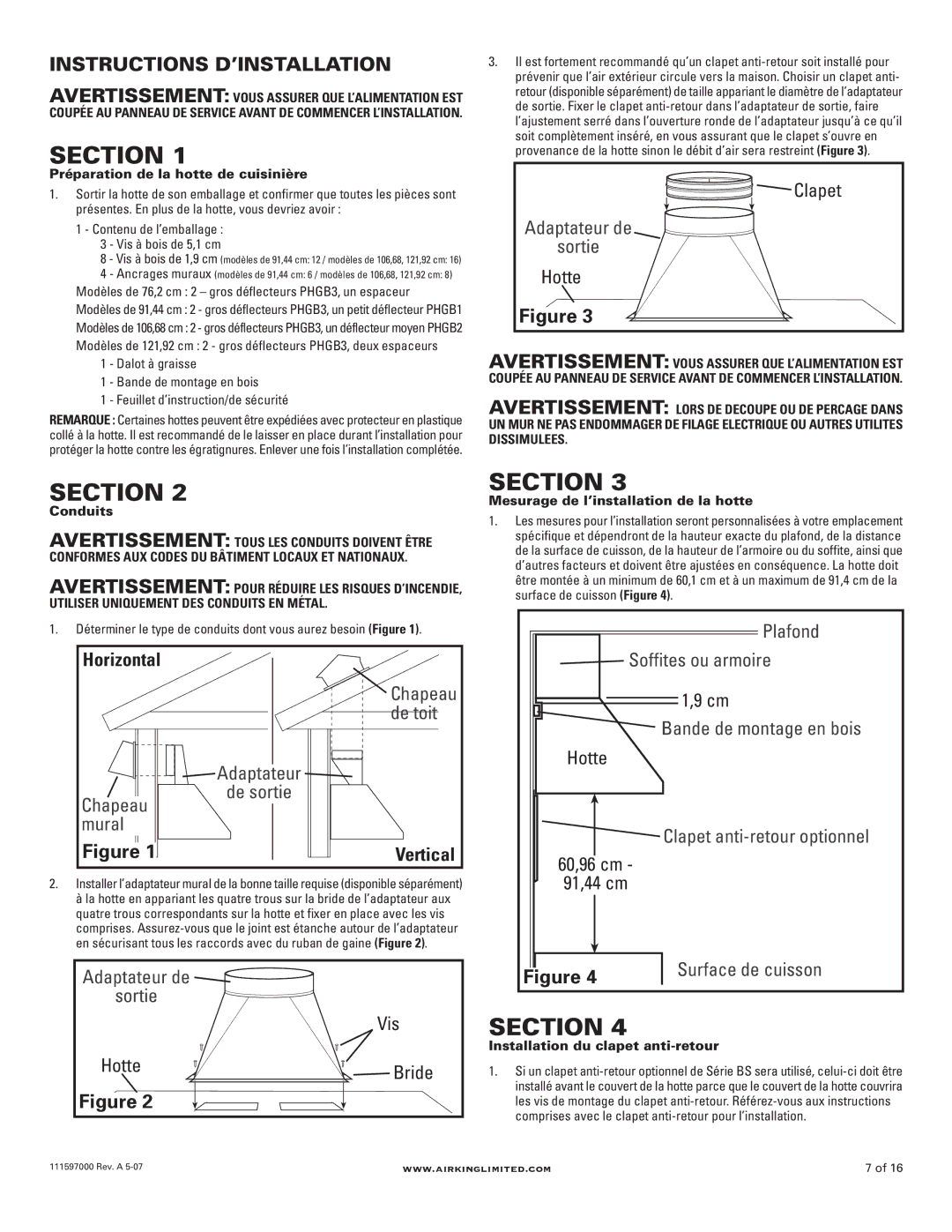 Air King 30 models, PHGB3, 48 models, 36 models, 42 models manual Instructions D’INSTALLATION, Hotte, Bride, Vis 