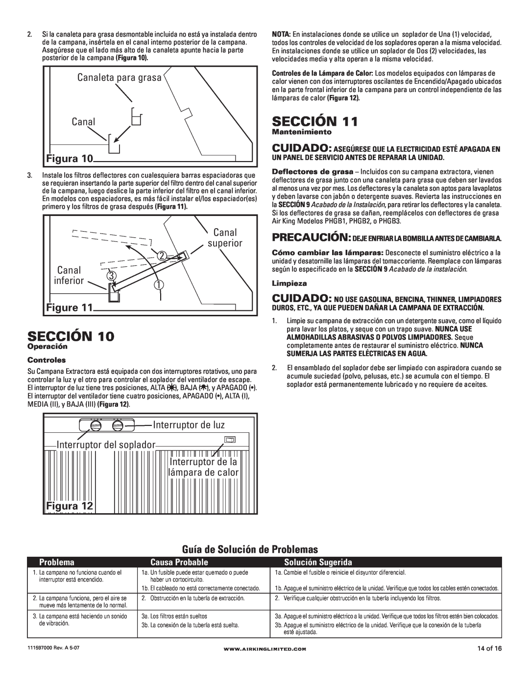 Air King 42" models Sección, Figura Guía de Solución de Problemas, superior, inferior, Canaleta para grasa, Limpieza 