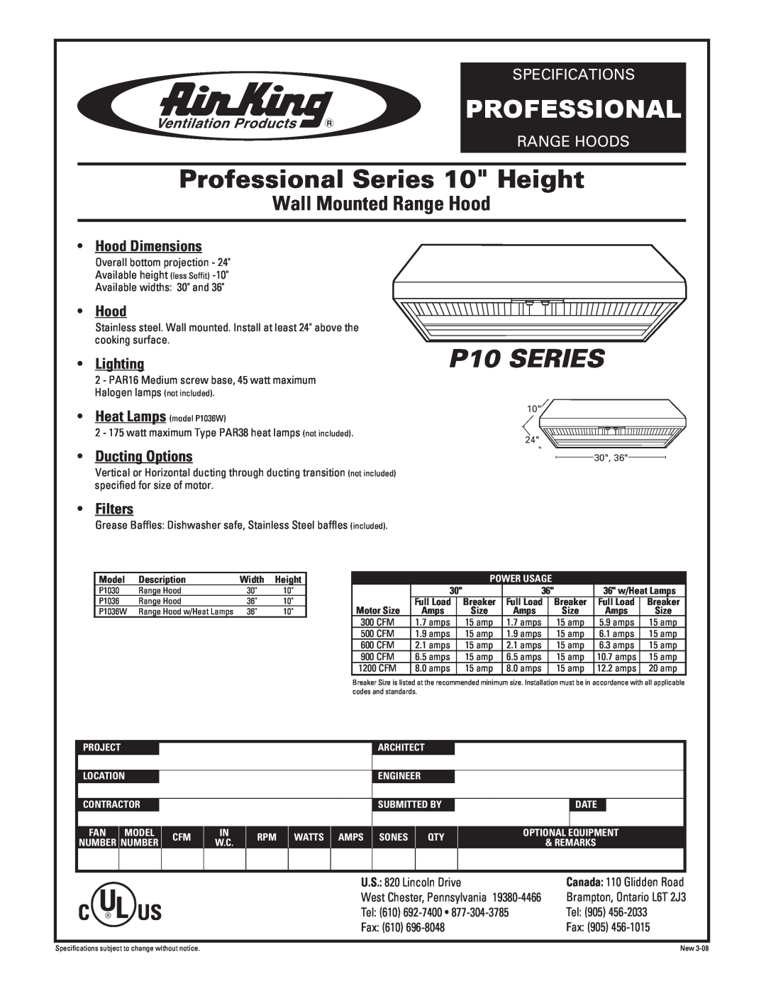 Air King PROFESSIONAL specifications Professional Series 10 Height, P10 SERIES, Wall Mounted Range Hood, Range Hoods 