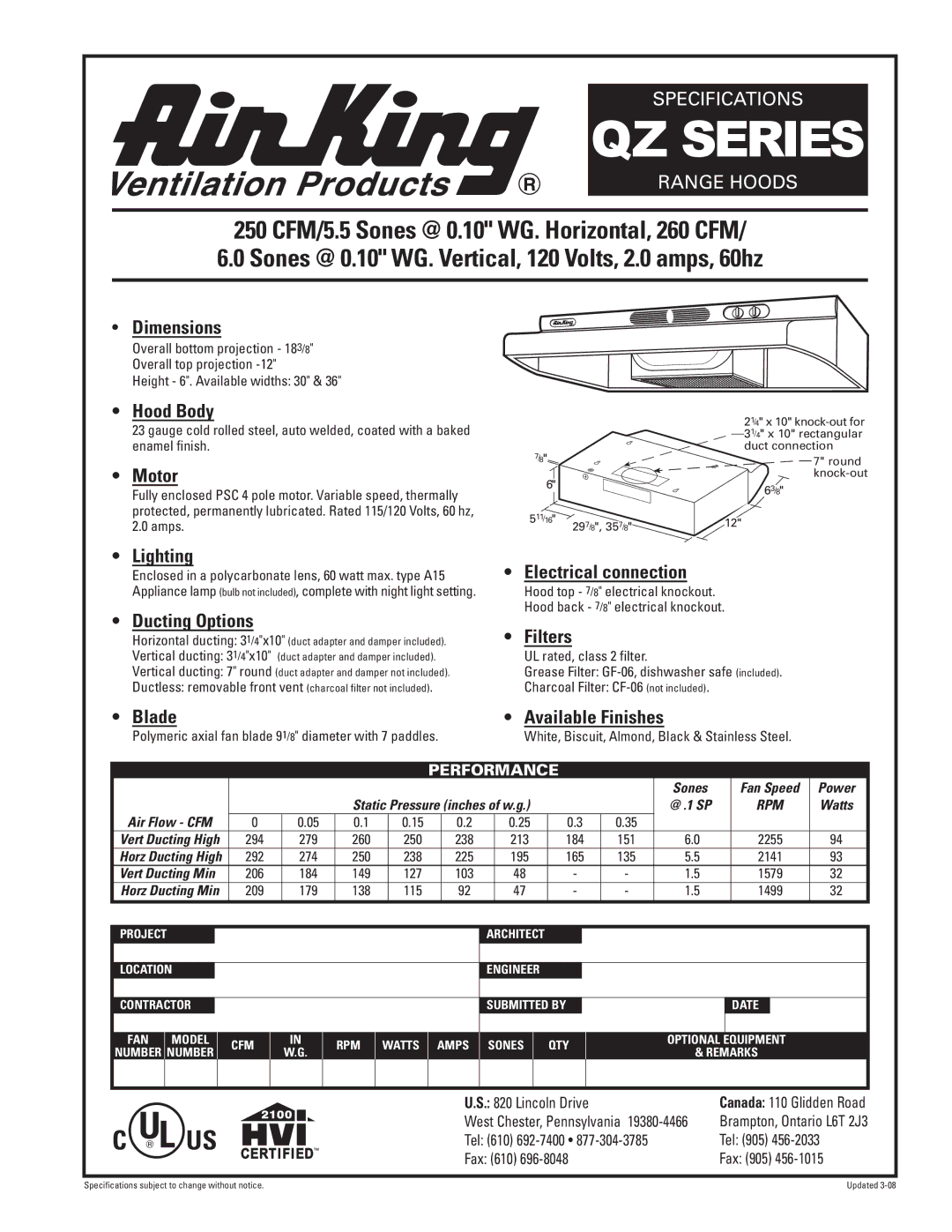 Air King QZ Series specifications Dimensions, Hood Body, Motor, Lighting, Ducting Options, Electrical connection, Filters 