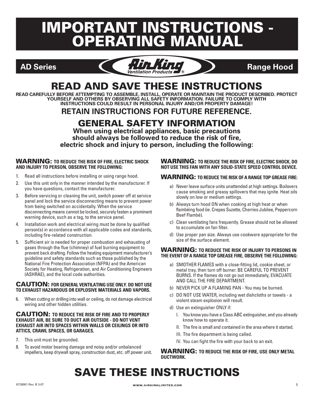 Air King RF55 manual General Safety Information, Read all instructions before installing or using range hood 