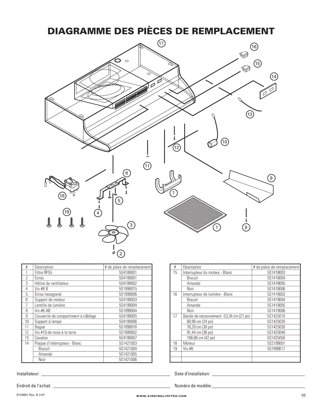 Air King RF55 manual Diagramme DES Pièces DE Remplacement 