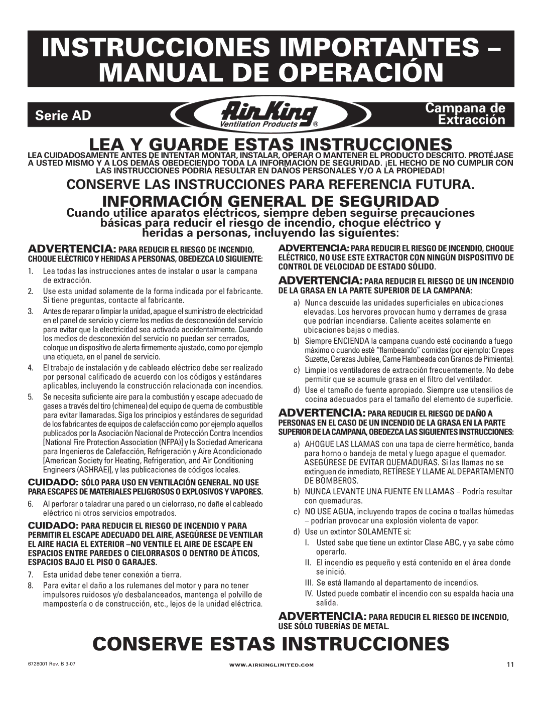 Air King RF55 manual Información General DE Seguridad, Esta unidad debe tener conexión a tierra 