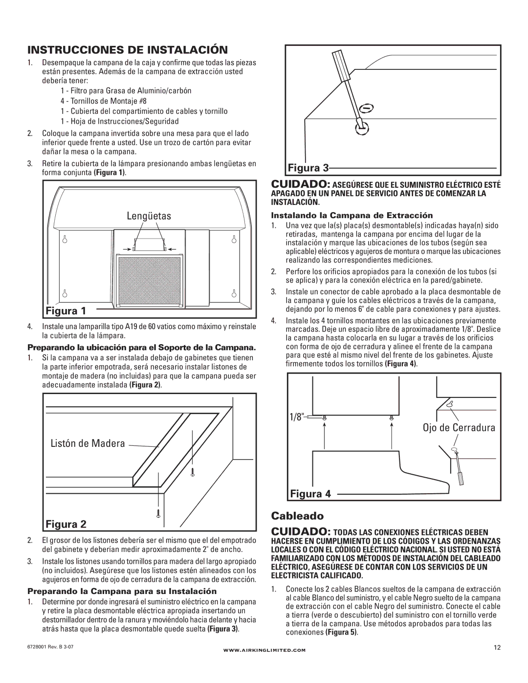 Air King RF55 manual Instrucciones DE Instalación, Cableado, Lengüetas, Listón de Madera 