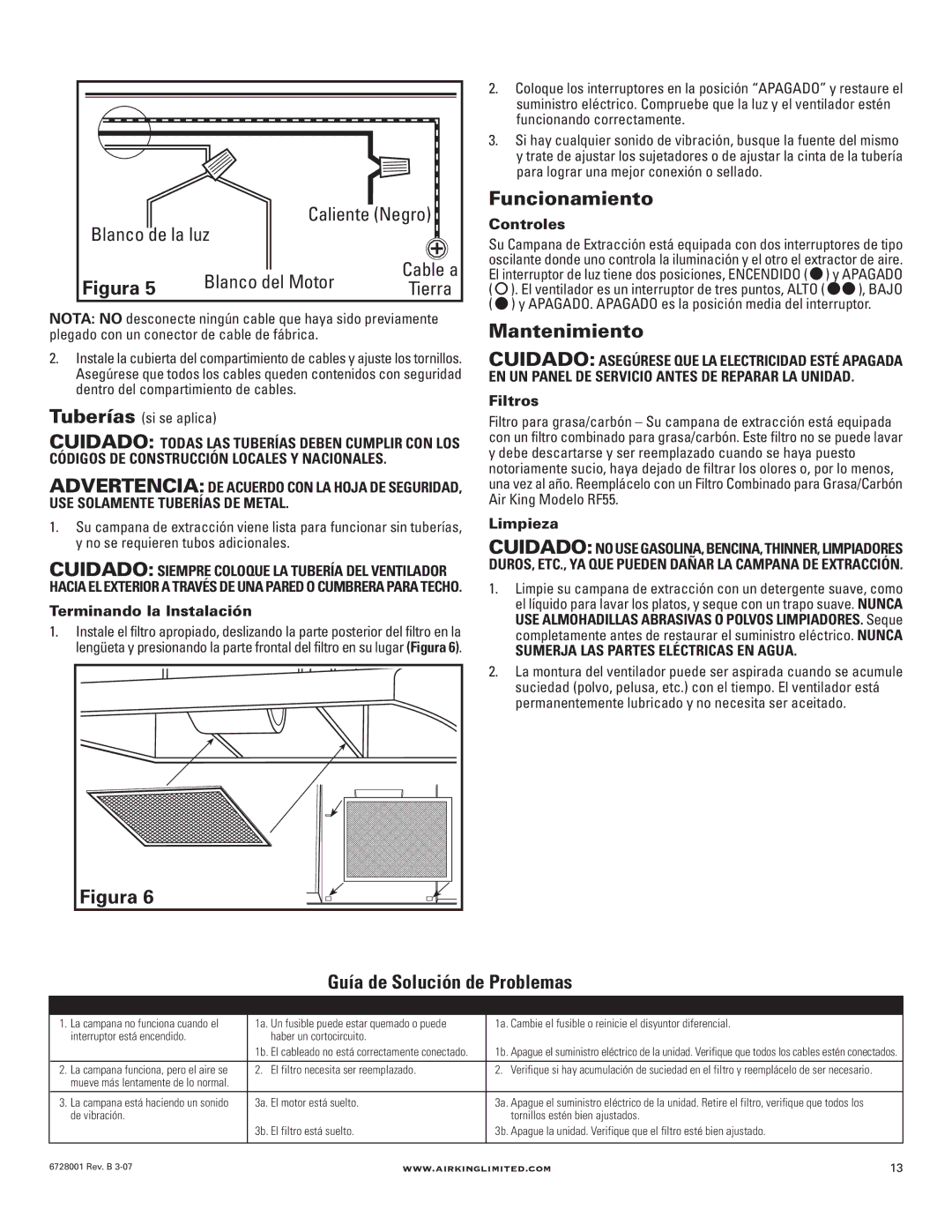 Air King RF55 manual Funcionamiento, Mantenimiento, Guía de Solución de Problemas, Tierra 