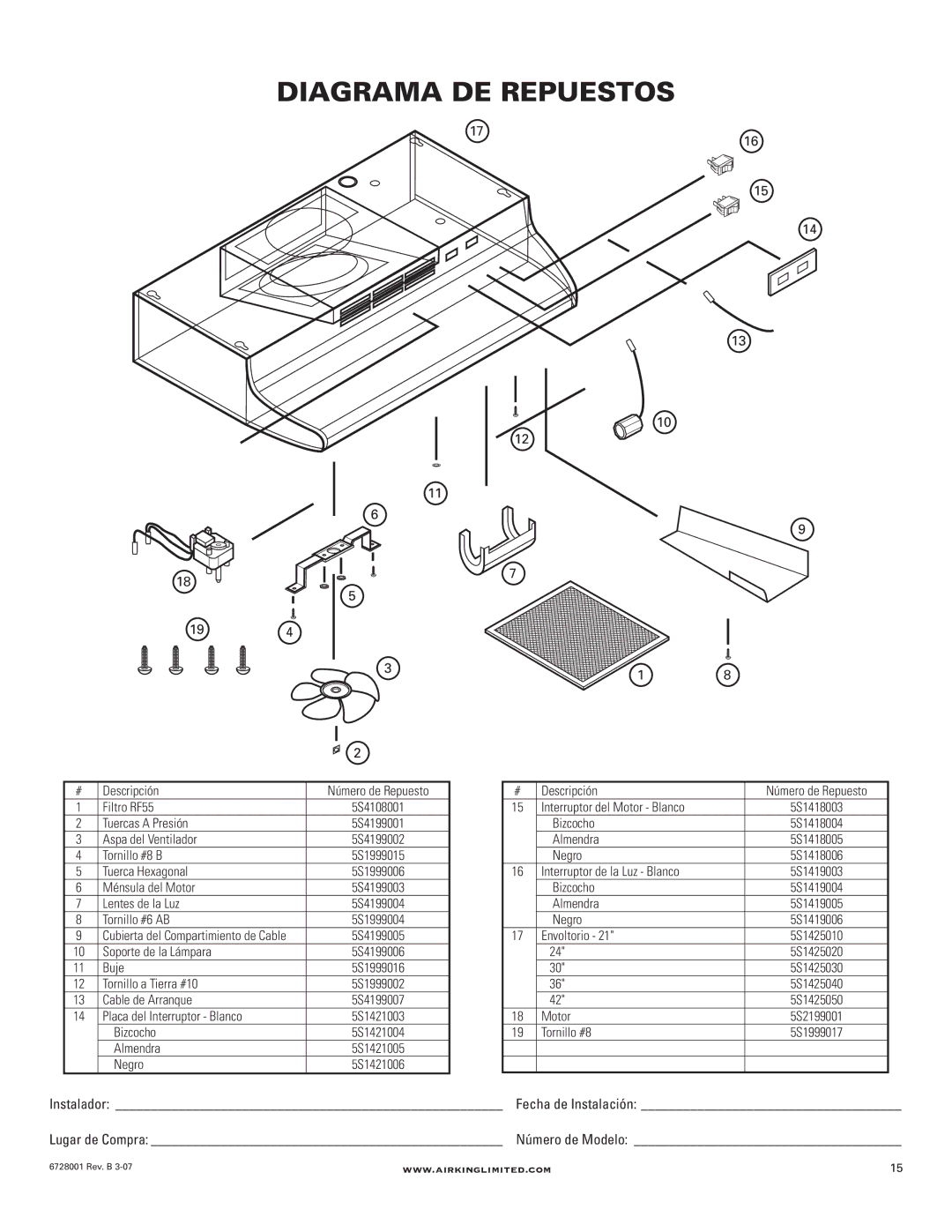 Air King RF55 manual Diagrama DE Repuestos 