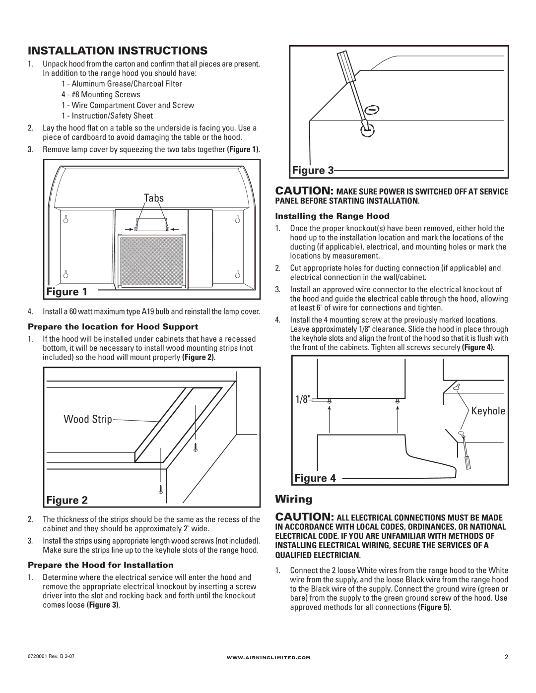 Air King RF55 manual Installation Instructions, Wiring, Wood Strip, Keyhole 