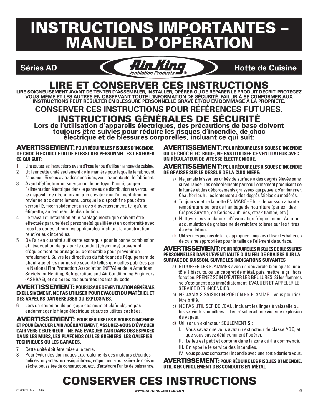 Air King RF55 manual Instructions Générales DE Sécurité, Cette unité doit être mise à la terre 