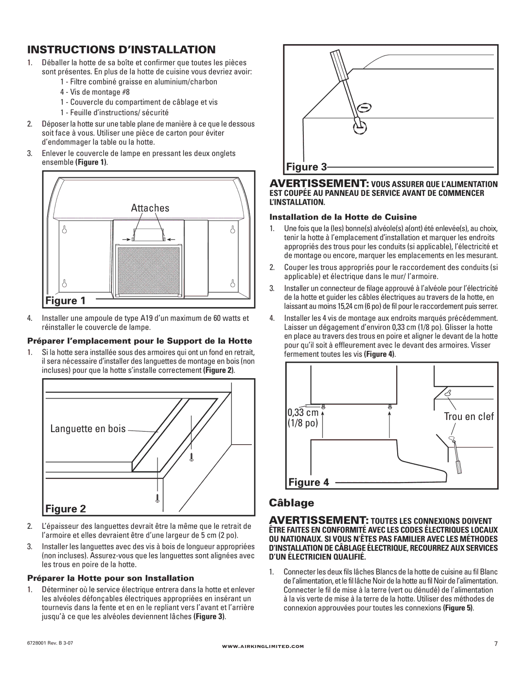 Air King RF55 manual Instructions D’INSTALLATION, Câblage, Attaches, Languette en bois, Trou en clef 