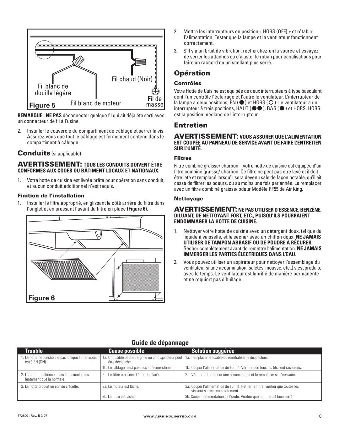 Air King RF55 manual Opération, Entretien, Guide de dépannage, Douille lègére 