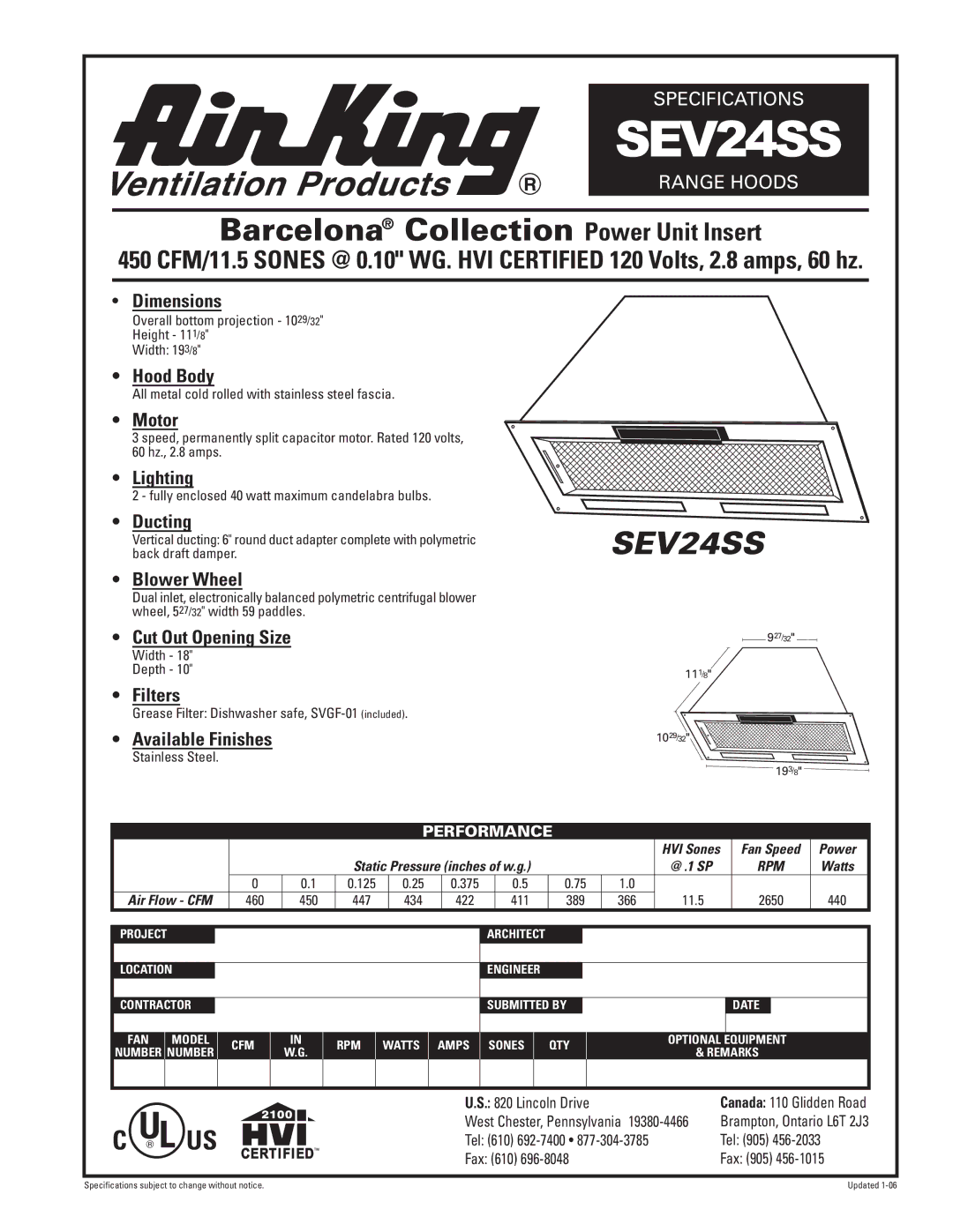 Air King SEV24SS specifications Barcelona Collection Power Unit Insert 