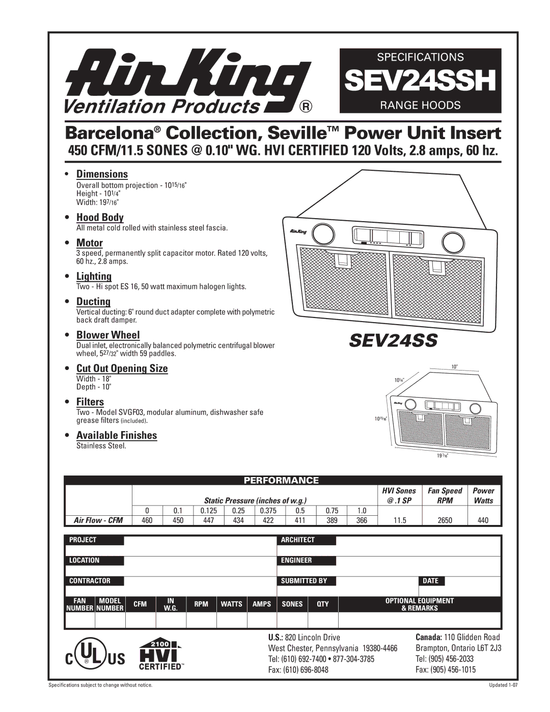 Air King SEV24SSH specifications Barcelona Collection, Seville Power Unit Insert 