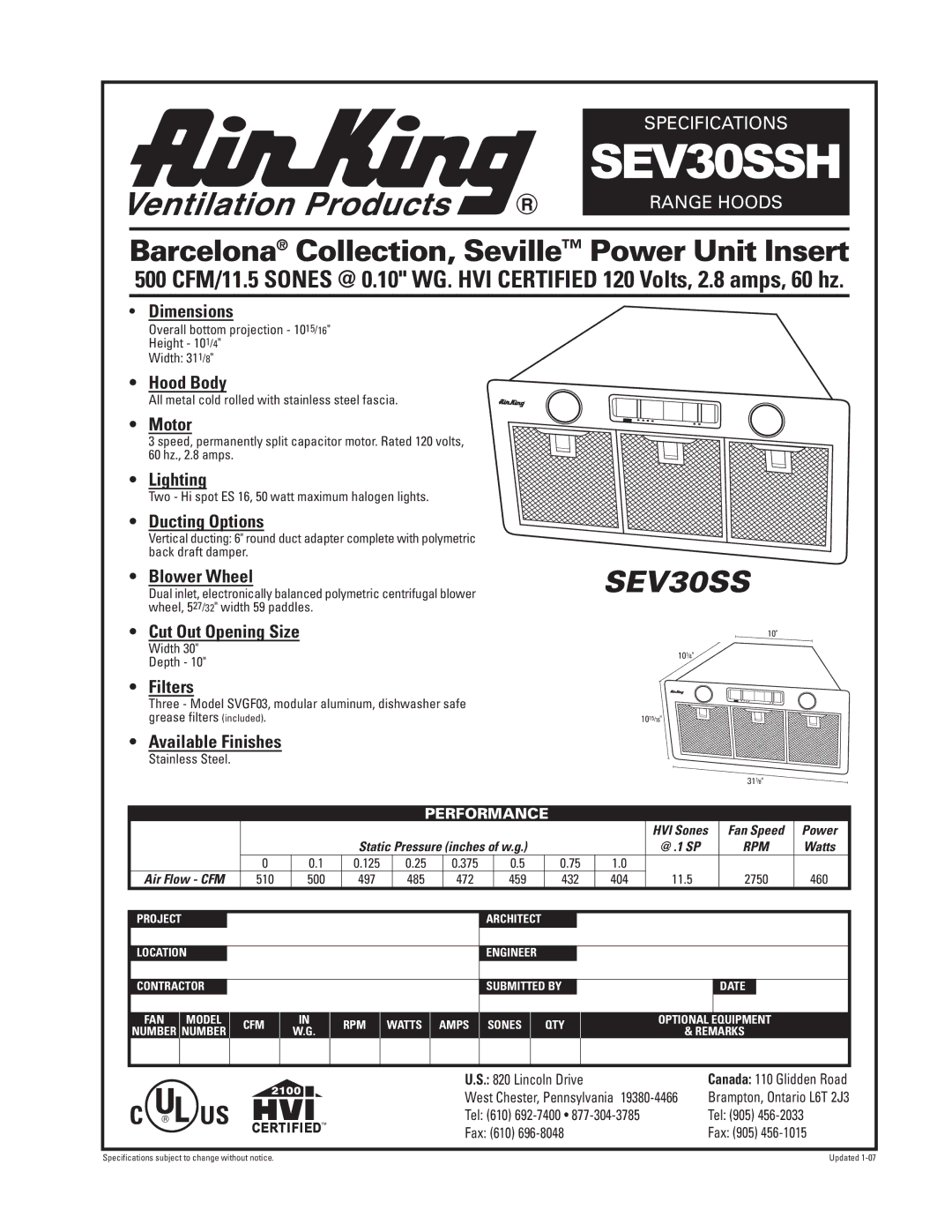 Air King SEV30SSH specifications Barcelona Collection, Seville Power Unit Insert 