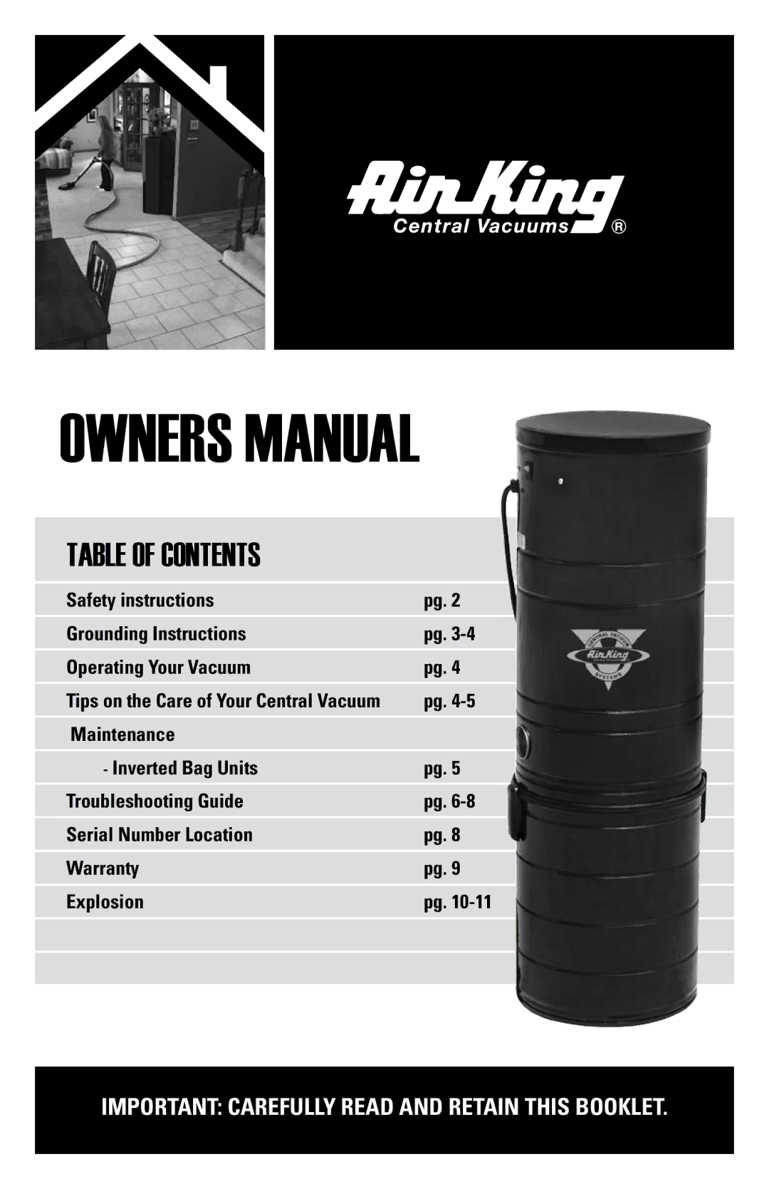 Air King Vacuum Cleaner owner manual Table of contents 