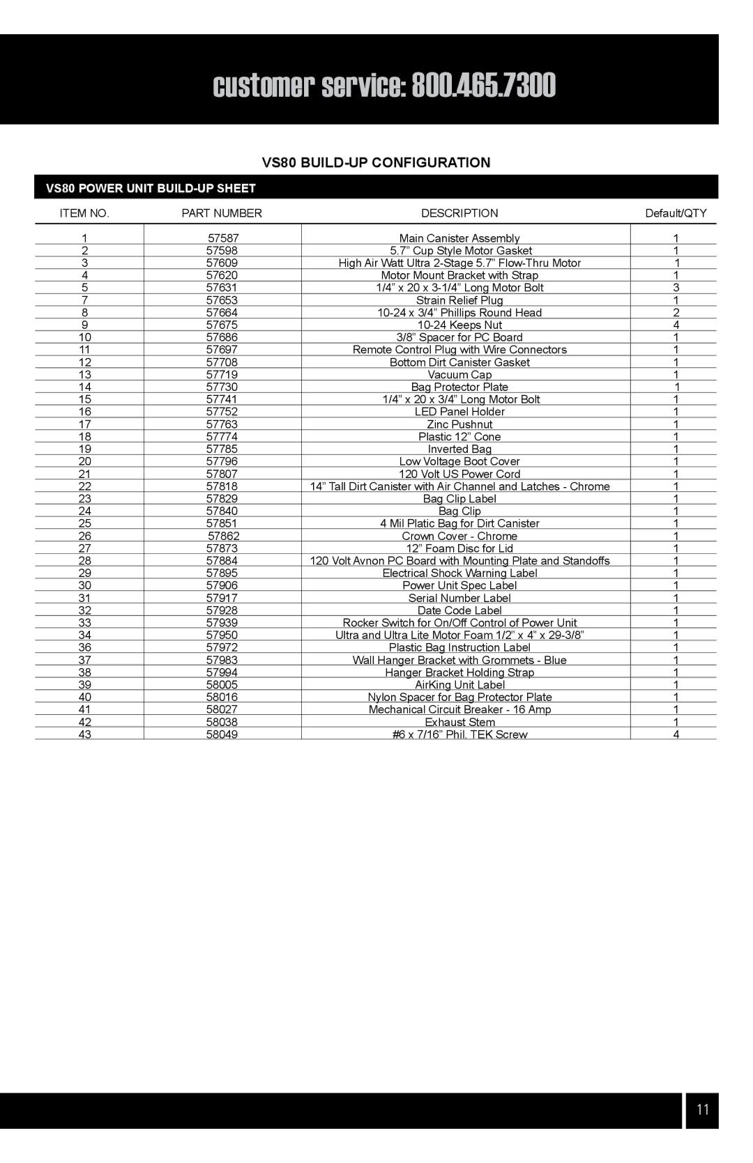 Air King Vacuum Cleaner owner manual VS80 Build-Up Configuration 