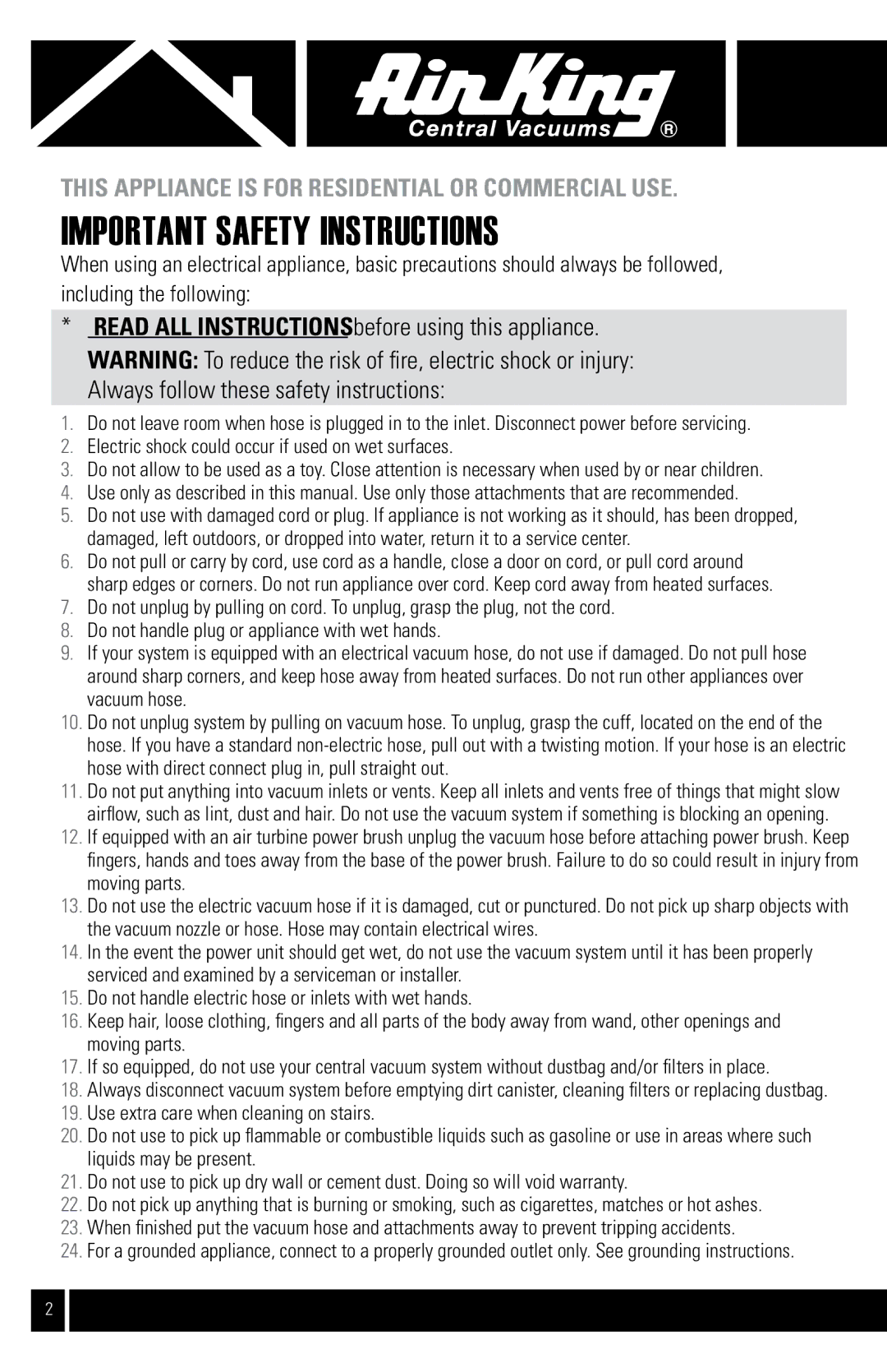 Air King Vacuum Cleaner owner manual Important Safety Instructions, Electric shock could occur if used on wet surfaces 