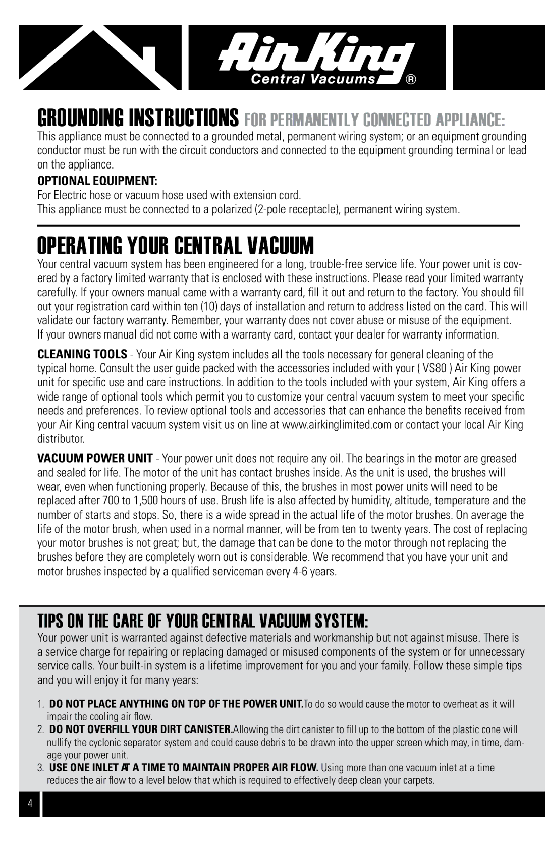 Air King Vacuum Cleaner Operating Your Central Vacuum, Grounding Instructions for Permanently Connected Appliance 