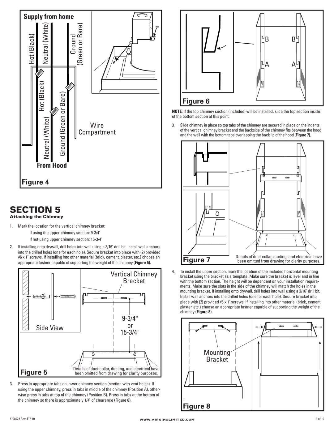 Air King VAL30AB, VAL36AB manual Supply from home, Hot Black Or Bare Neutral White, Vertical Chimney Bracket 15-3/4 