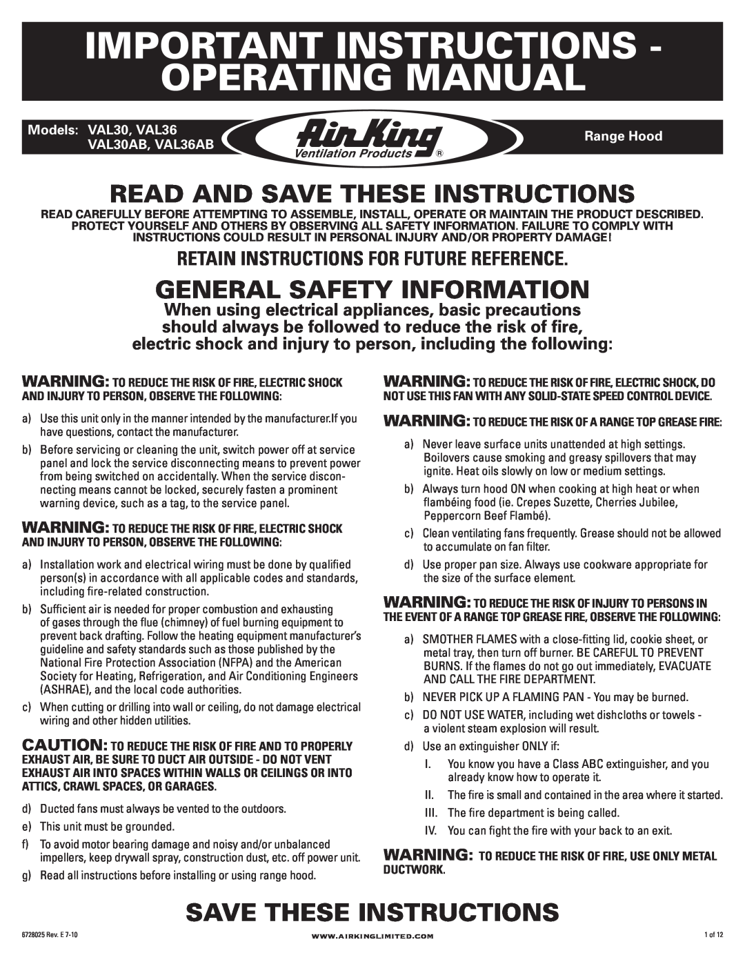 Air King VAL36AB manual Important Instructions Operating Manual, Read And Save These Instructions, Models VAL30, VAL36 