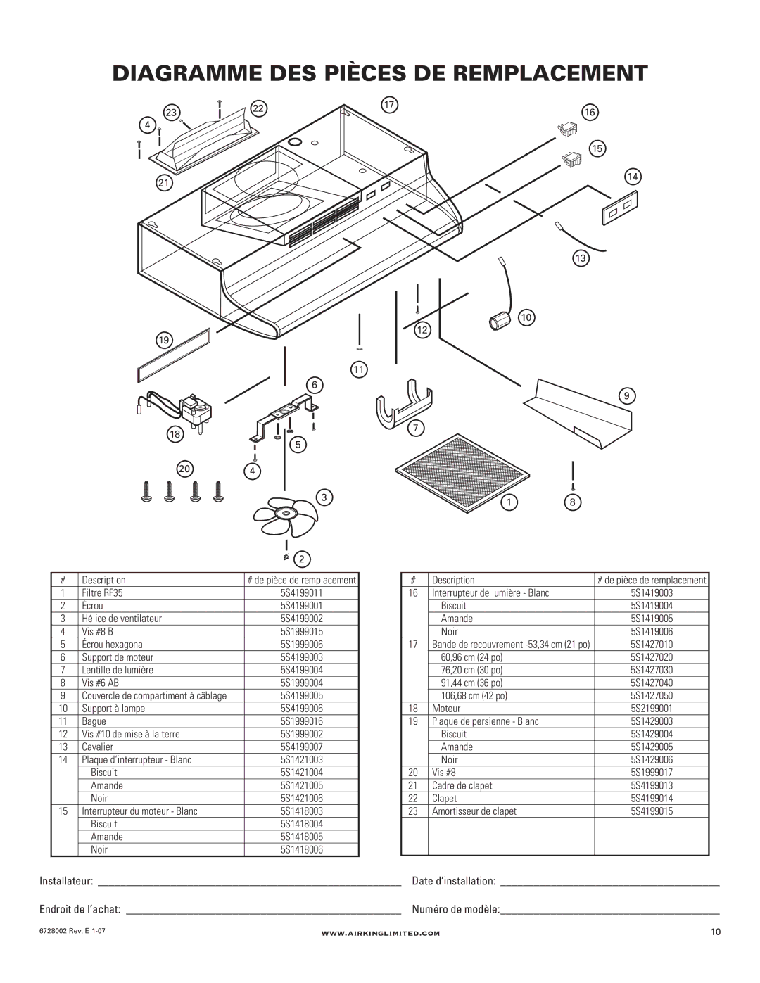 Air King Ventilation Hood manual Diagramme DES Pièces DE Remplacement 