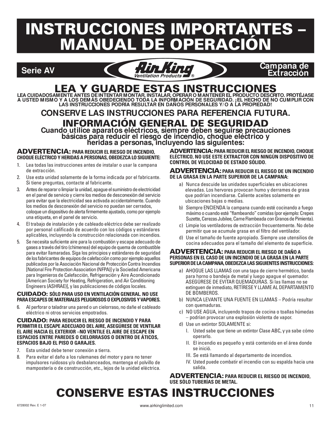 Air King Ventilation Hood manual Información General DE Seguridad, Esta unidad debe tener conexión a tierra 