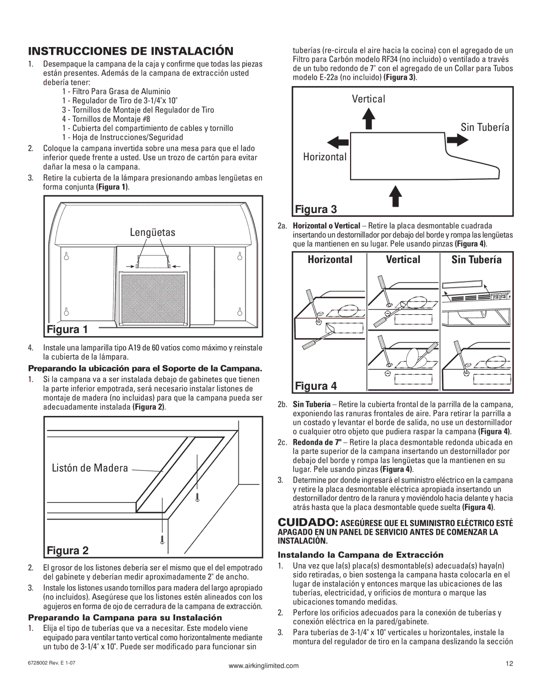 Air King Ventilation Hood manual Instrucciones DE Instalación, Lengüetas, Sin Tubería, Listón de Madera 