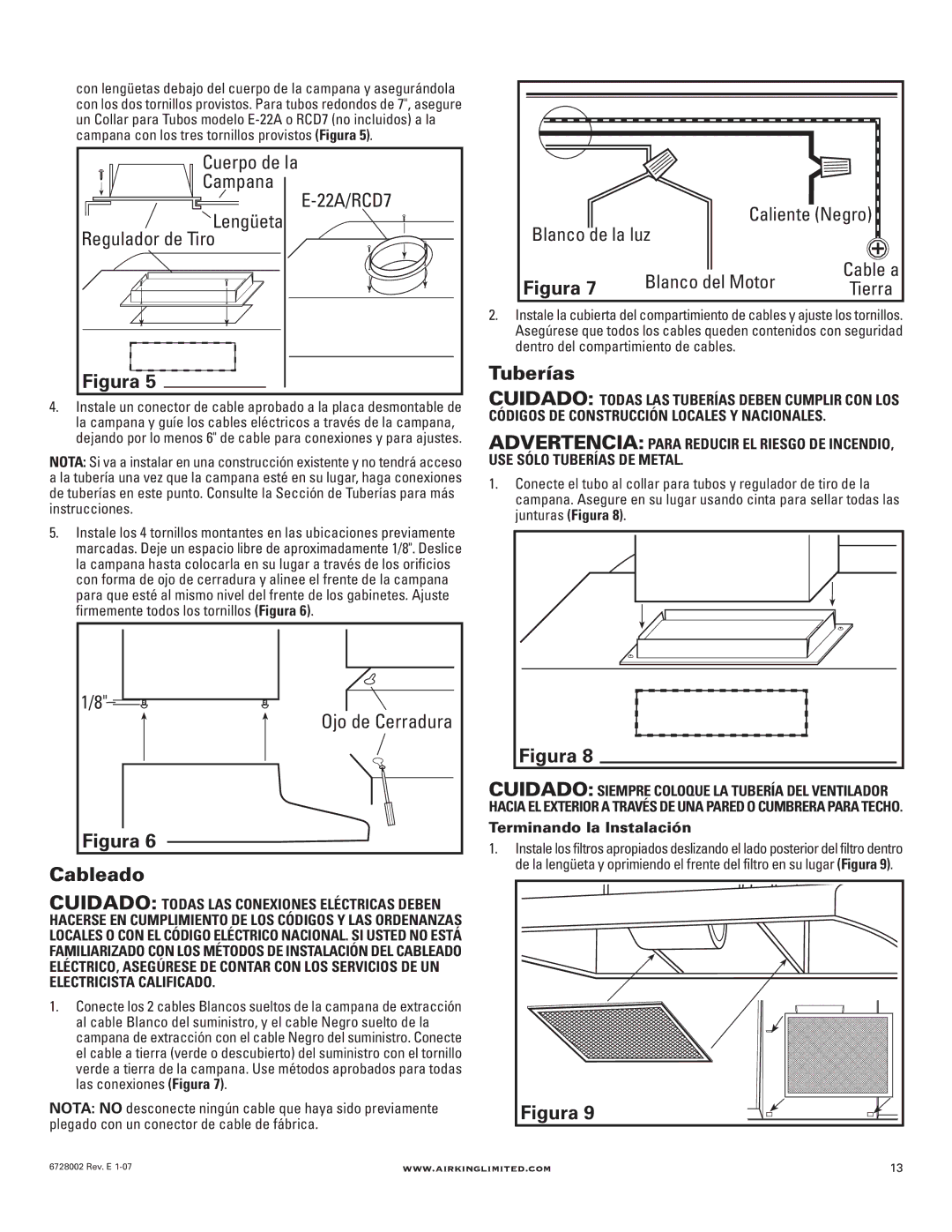 Air King Ventilation Hood manual Cableado, Tuberías 