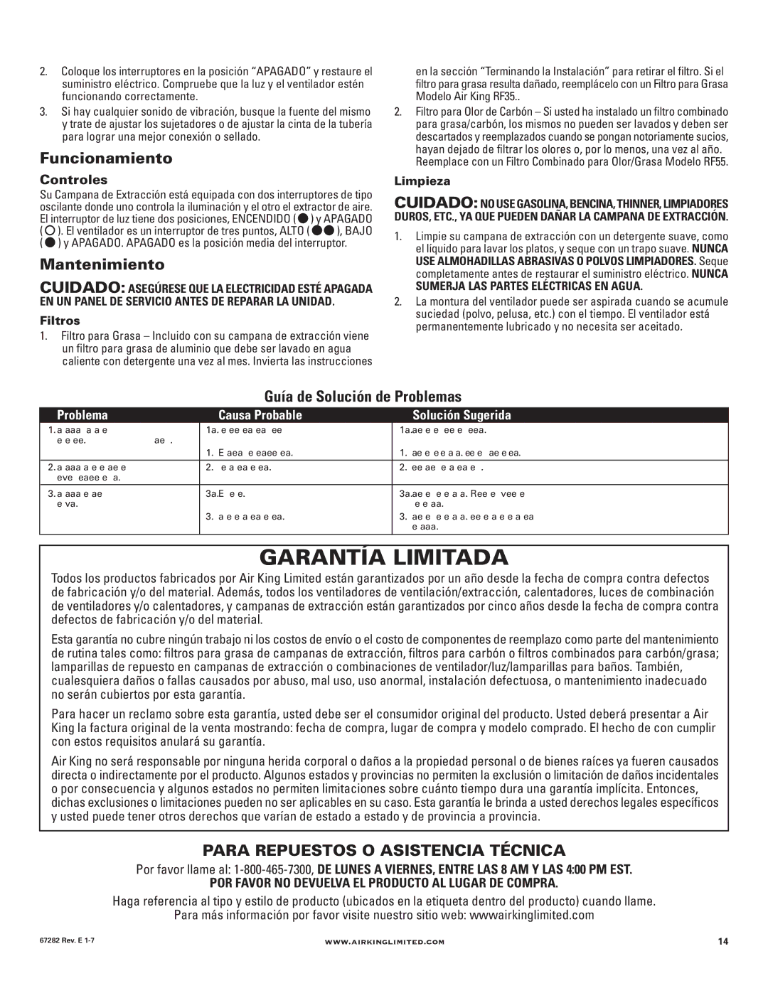 Air King Ventilation Hood manual Garantía Limitada, Funcionamiento, Mantenimiento, Guía de Solución de Problemas 