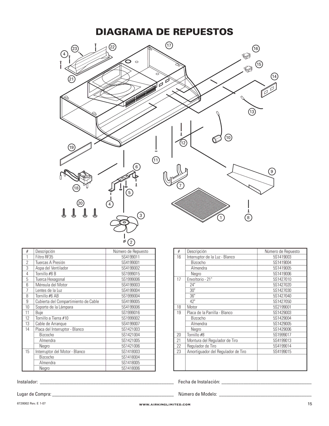 Air King Ventilation Hood manual Diagrama DE Repuestos 