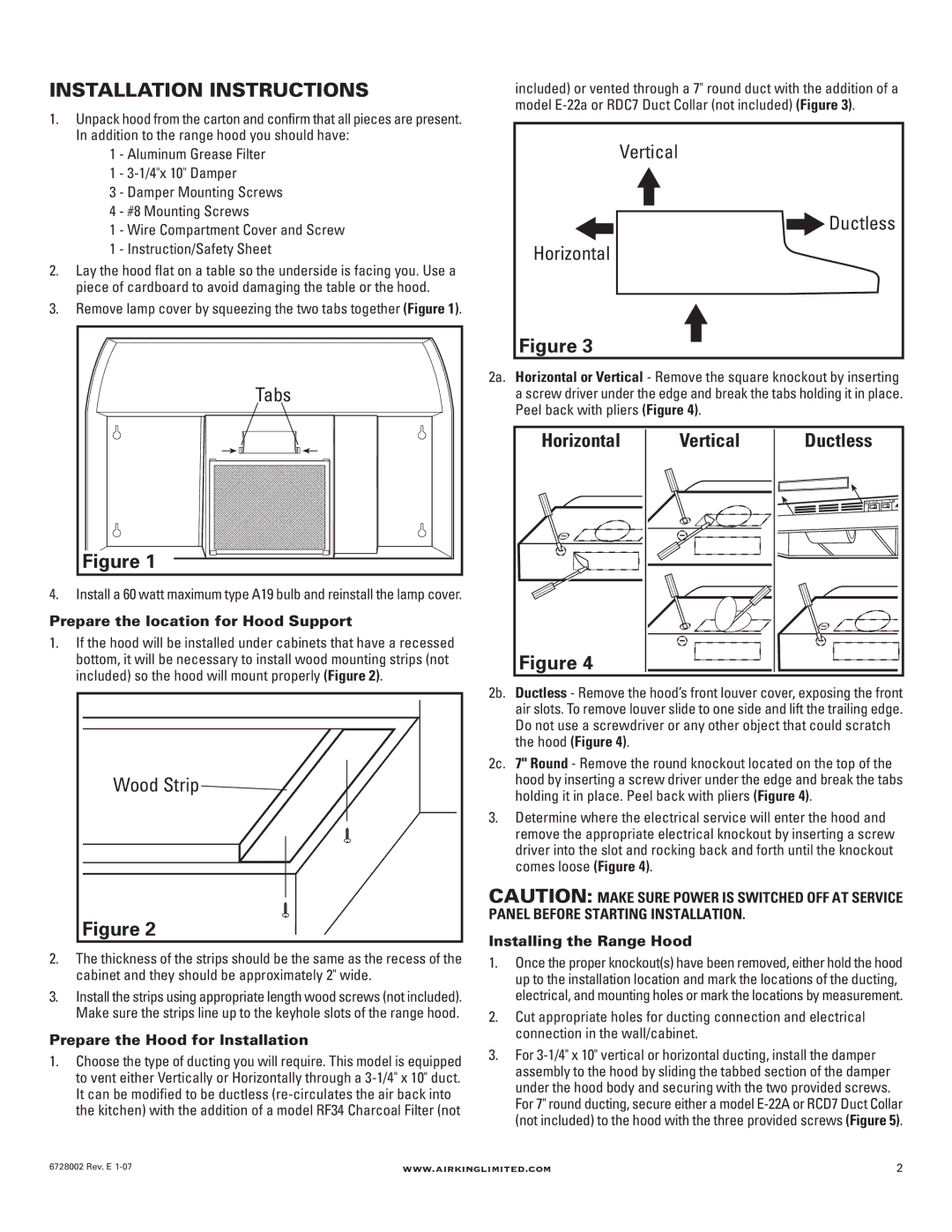 Air King Ventilation Hood manual Installation Instructions, Tabs, Vertical, Horizontal 