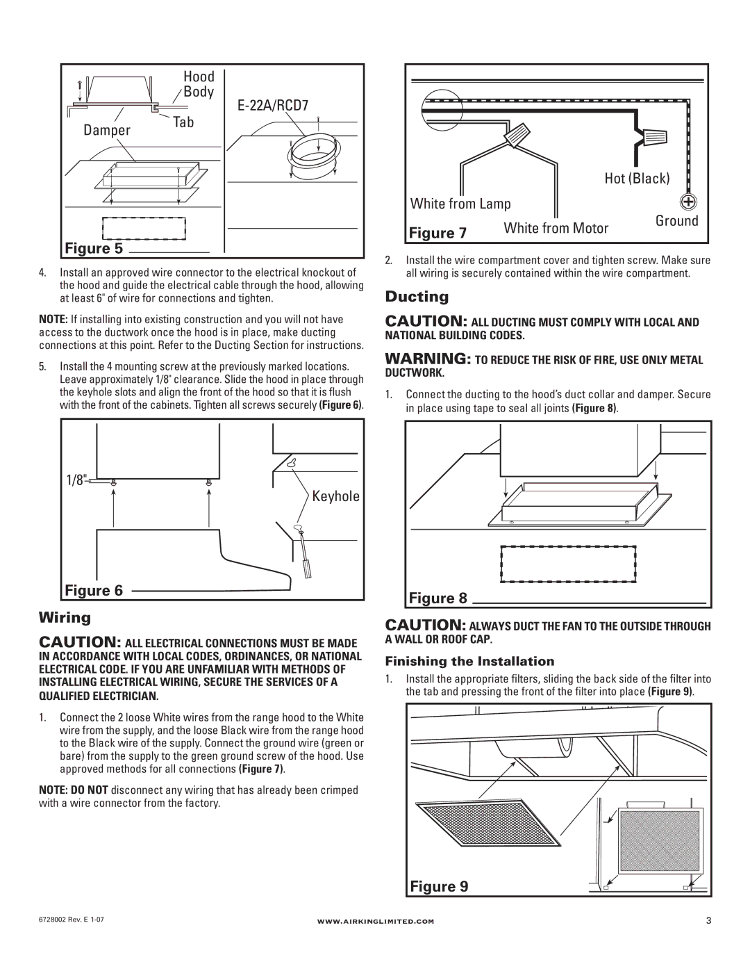 Air King Ventilation Hood manual Ducting, Wiring 