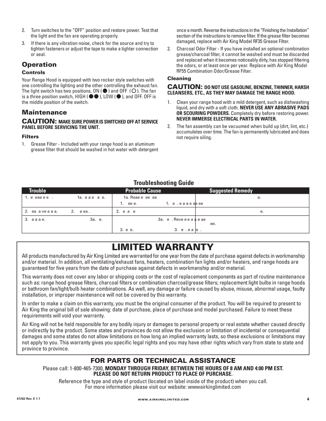 Air King Ventilation Hood manual Limited Warranty, Operation, Maintenance, Troubleshooting Guide 