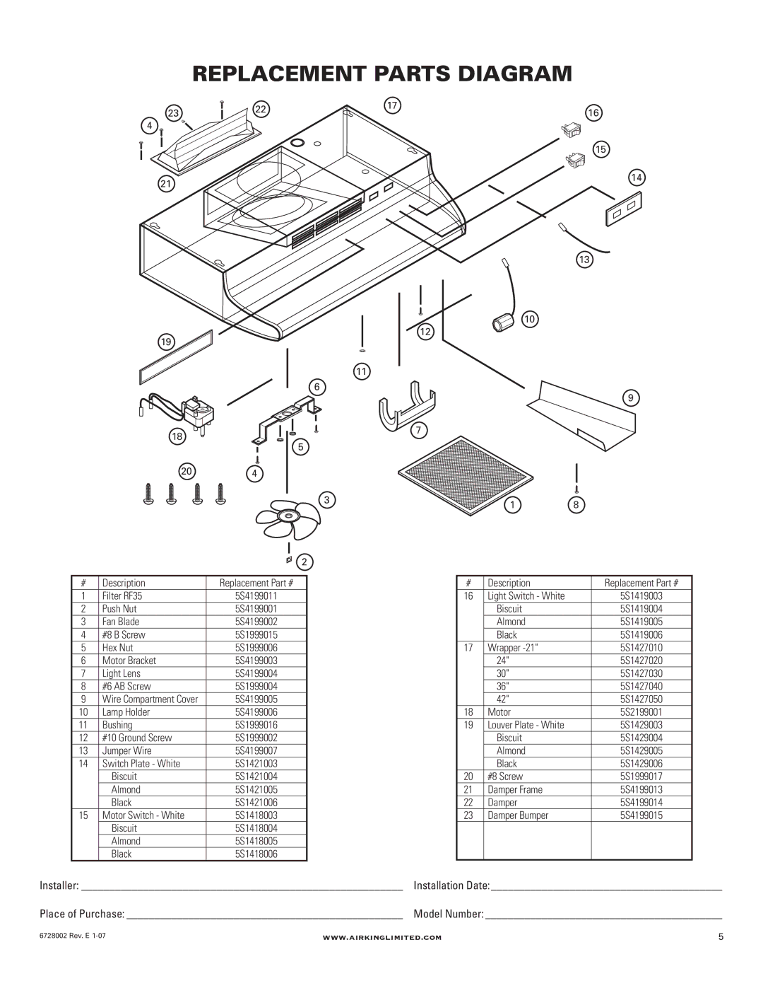 Air King Ventilation Hood manual Replacement Parts Diagram 