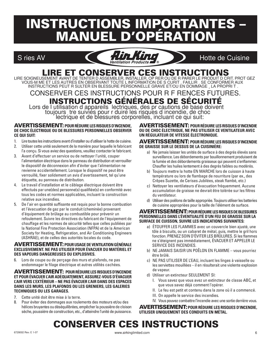 Air King Ventilation Hood manual Instructions Générales DE Sécurité, Cette unité doit être mise à la terre 