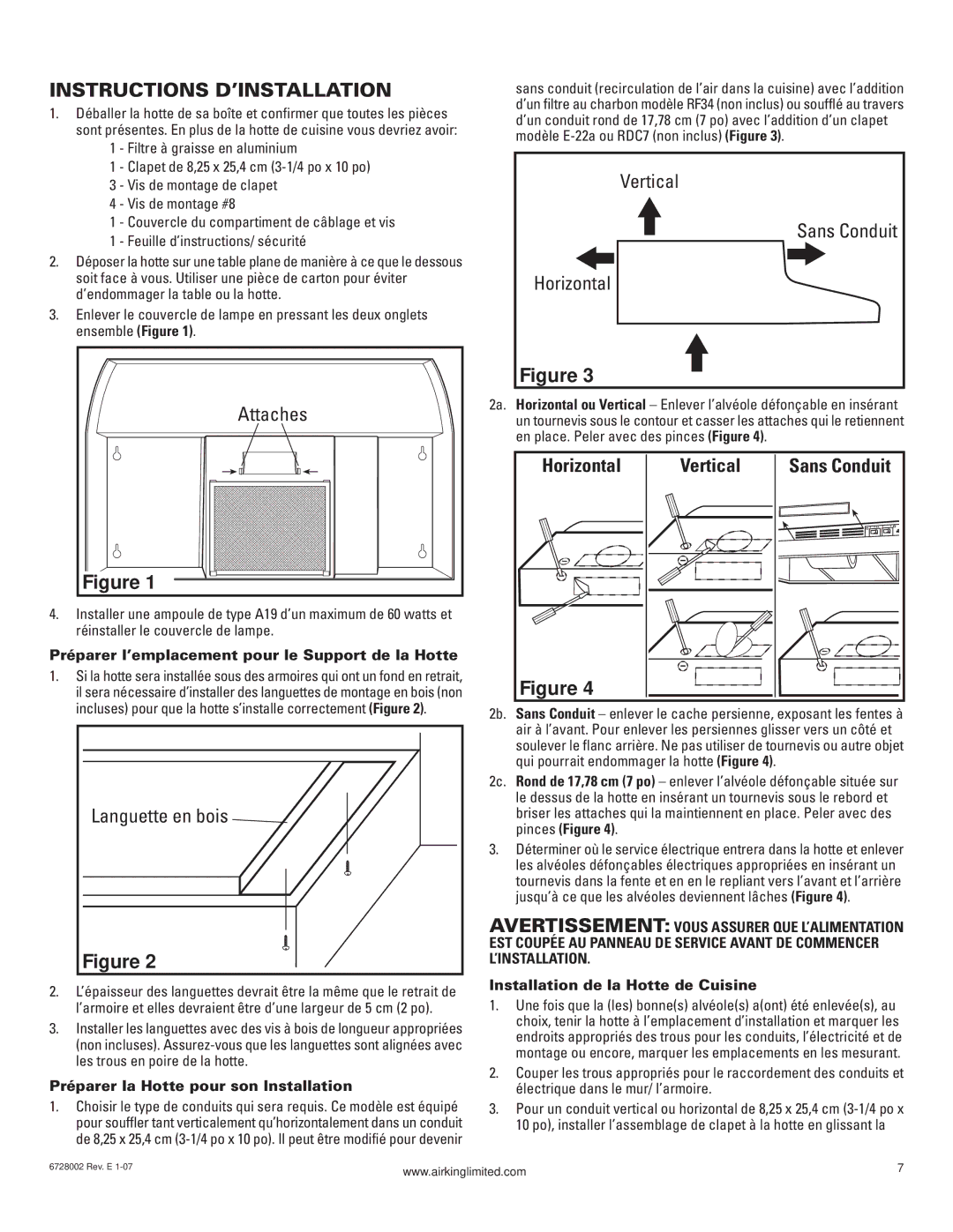 Air King Ventilation Hood manual Instructions D’INSTALLATION, Attaches, Languette en bois, ’Installation 