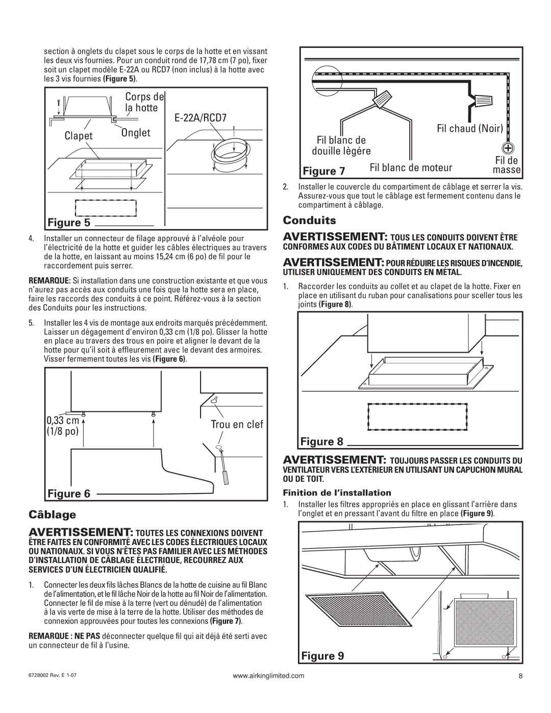 Air King Ventilation Hood manual Onglet, Câblage, Conduits 