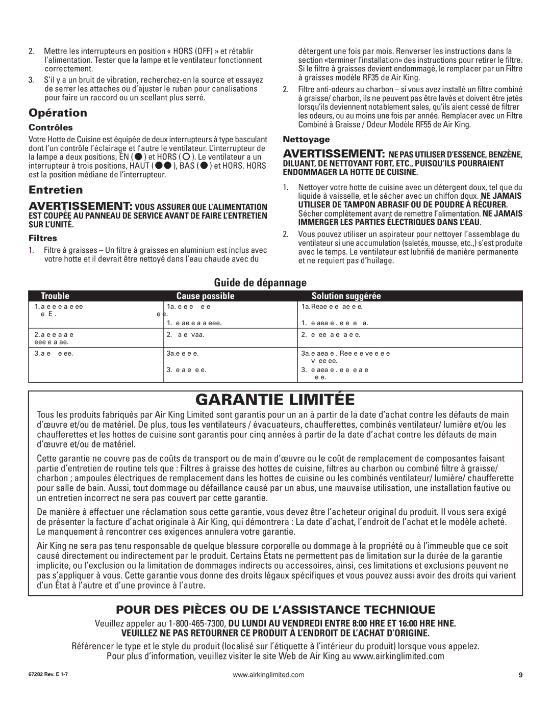 Air King Ventilation Hood manual Garantie Limitée, Opération, Entretien, Guide de dépannage 