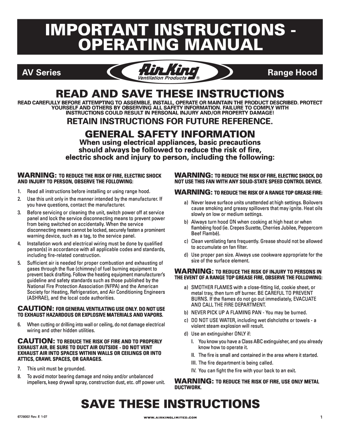 Air King Ventilation Hood manual Important Instructions Operating Manual, Save These Instructions, AV Series, Range Hood 