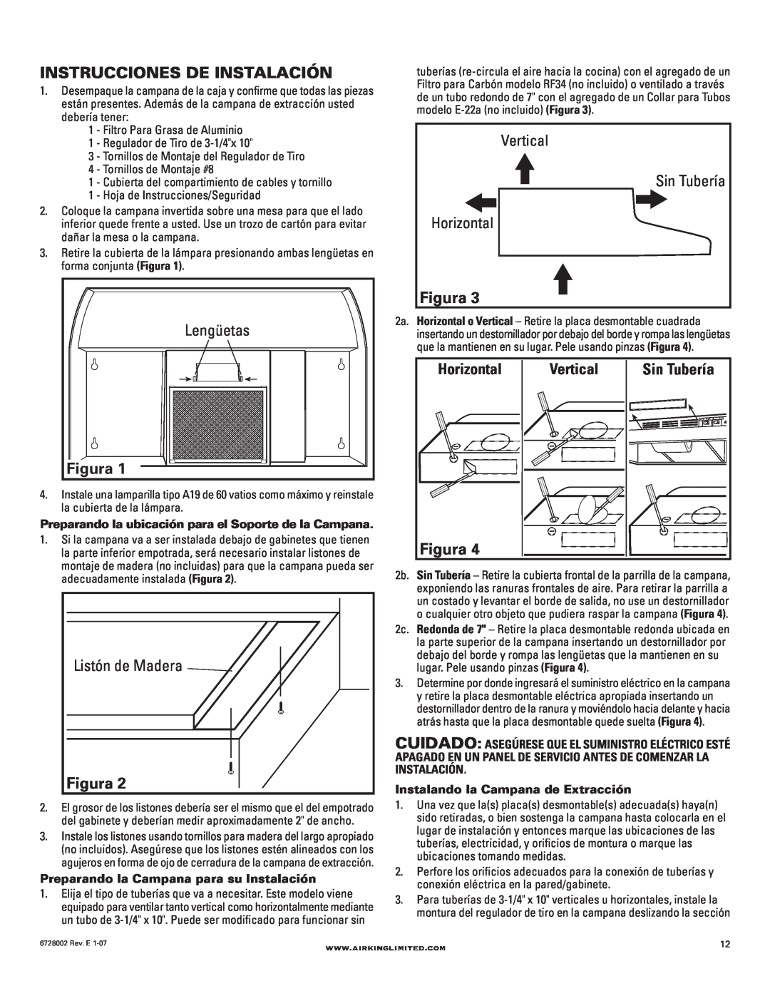 Air King Ventilation Hood manual Instrucciones De Instalación, Figura, Lengüetas, Sin Tubería, Listón de Madera, Horizontal 